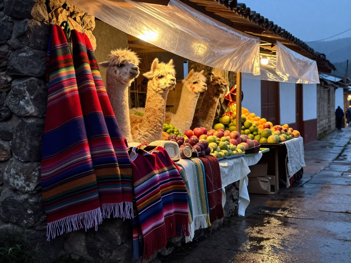 Otavalo Alpaca Blankets on Stone Wall at Dawn in at a roadside fruit stand in San Pedro de la Paz