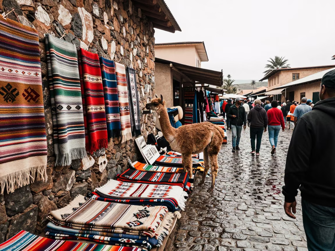 Otavalo Alpaca Blankets on Stone Wall in in a flea market lane in Stone Town