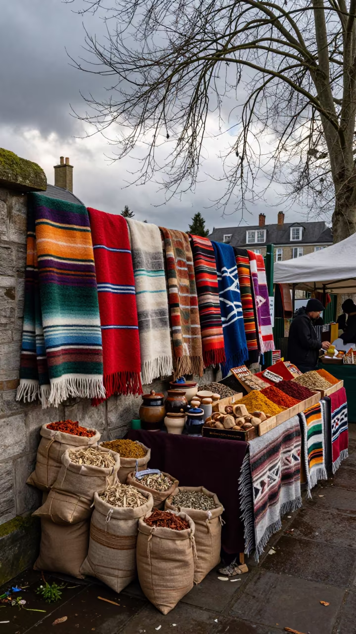 Otavalo Alpaca Blankets Winter Westminster Market in at a spice vendor's table in City of Westminster