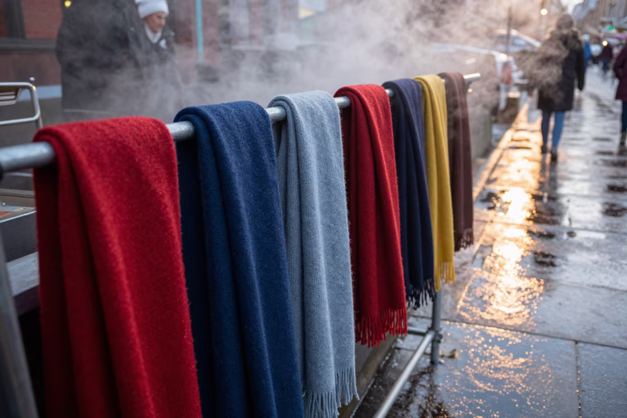 Otavalo Scarves Draped at Belfast Market Stall in at a textile trader's stall in Belfast