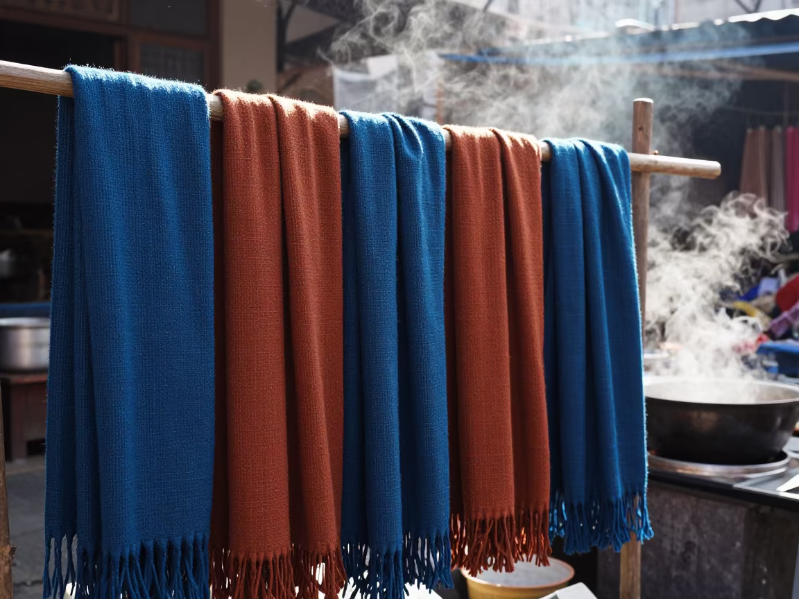 Otavalo Scarves Draped at Chongqing Market Stall in at a market stall in Chongqing