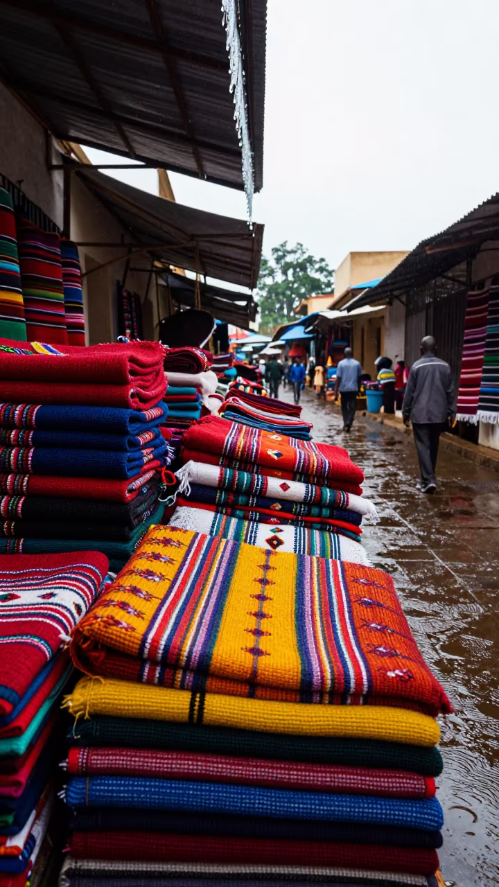 Otavalo Textile Market Bright Stacks Makurdi in in a covered bazaar aisle in Makurdi