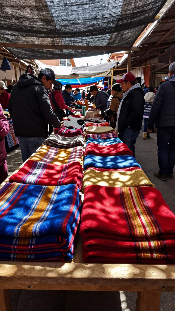 Otavalo Textiles Folded in Mountain Color Bands in at a textile trader's stall in La Paz