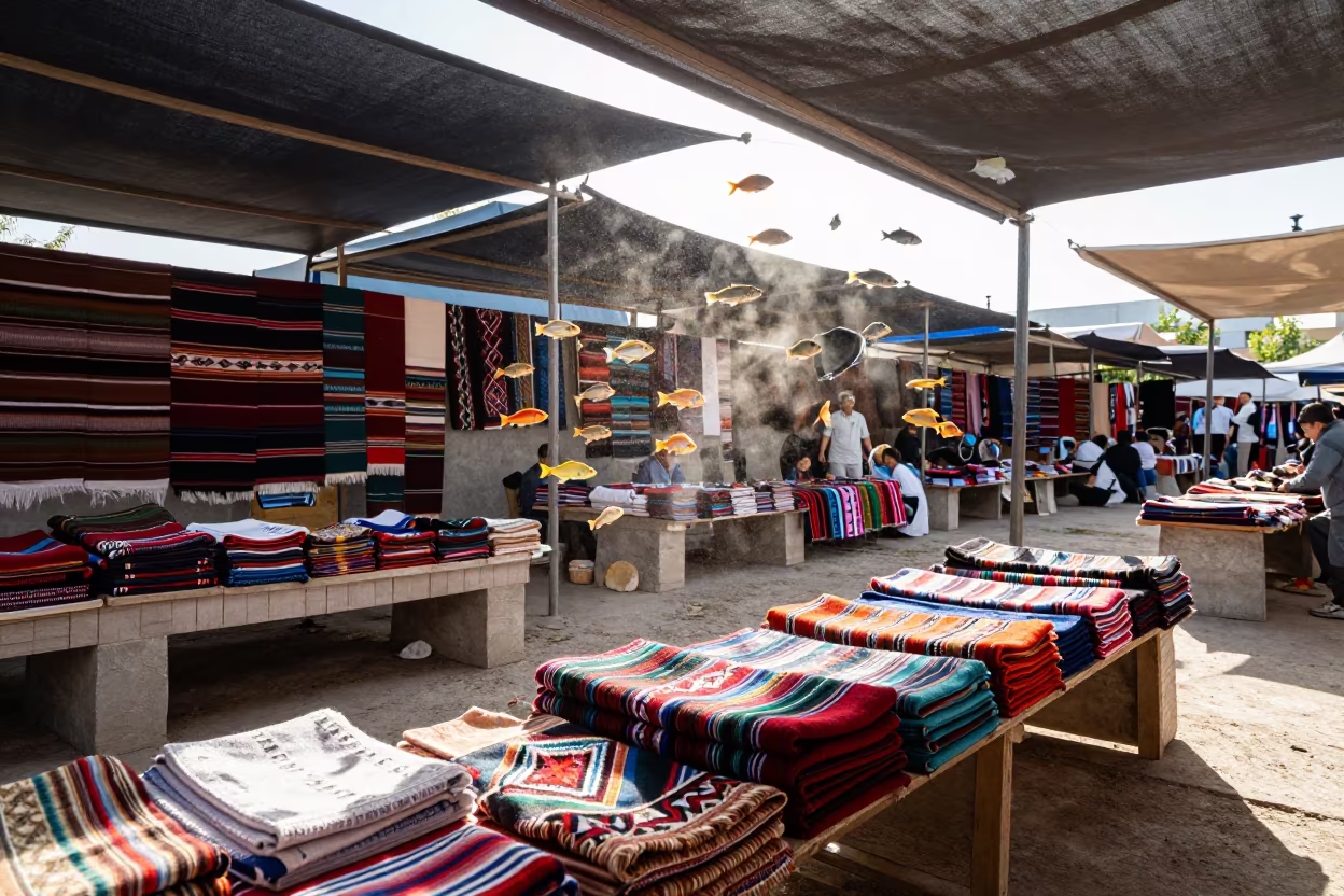 Otavalo Textiles and Tropical Fish in Bishkek Market in at a textile trader's stall in Bishkek