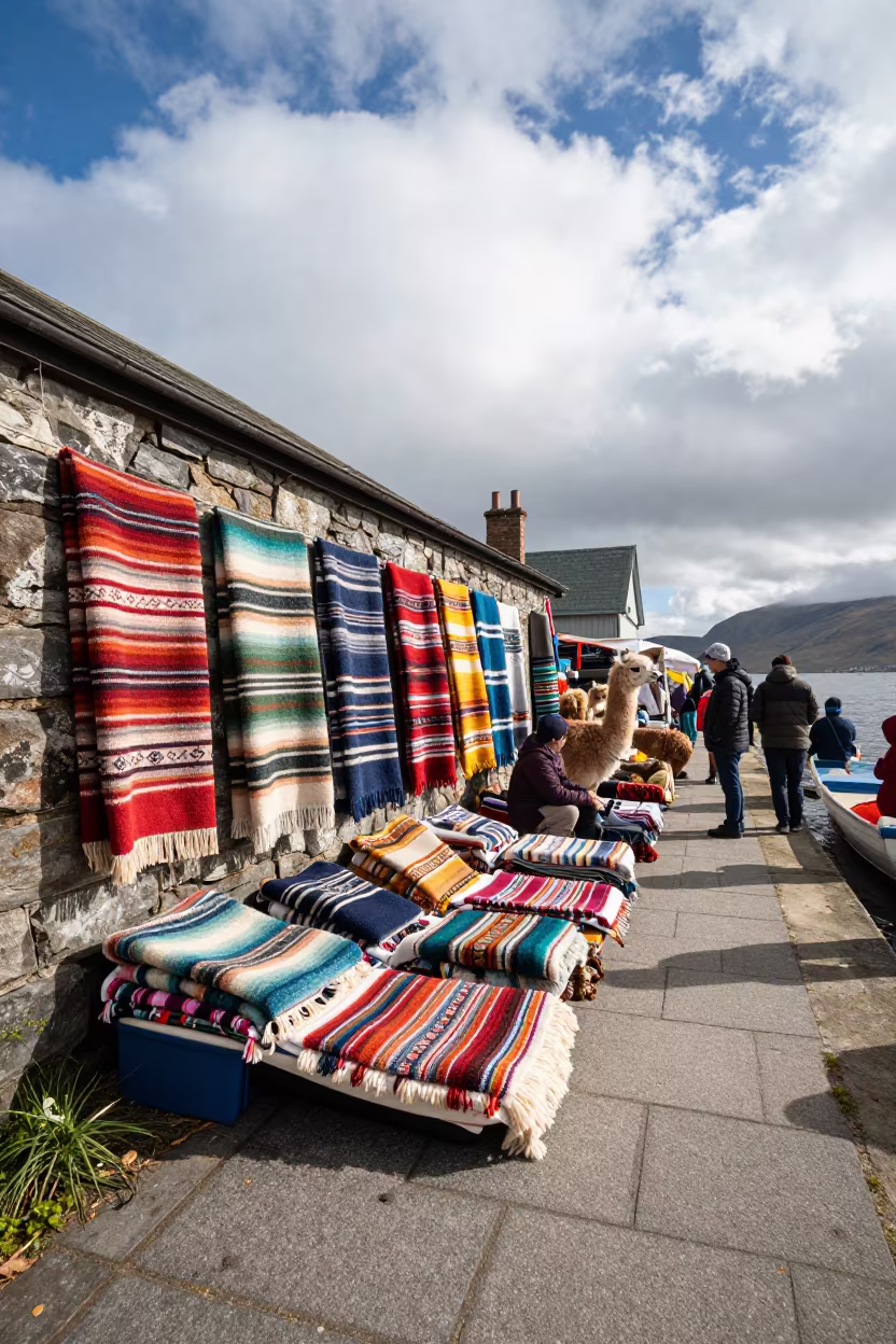 Otavalo Vendor Alpaca Blankets Dundee Market in at a floating market boat in Dundee