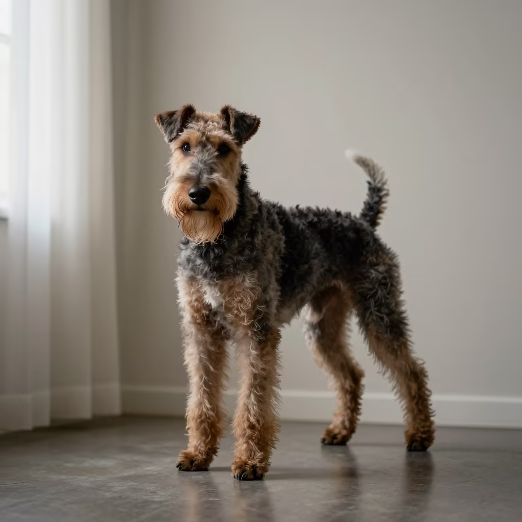 Ottawa Jagdterrier Portrait by Window Light in beside a plain plaster wall in soft indoor light with the animal centered in frame near Ottawa