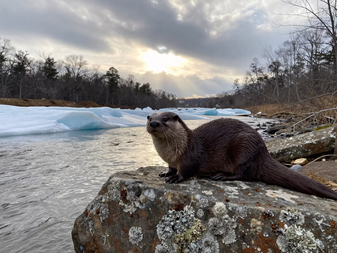 Otter by Lichened Stone Before Storm Oklahoma Spring in above a glacial stream in Oklahoma