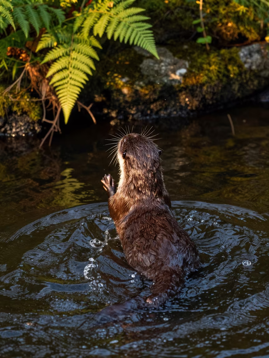 Otter Diving Sunset Black Forest River in along a game trail in the Black Forest