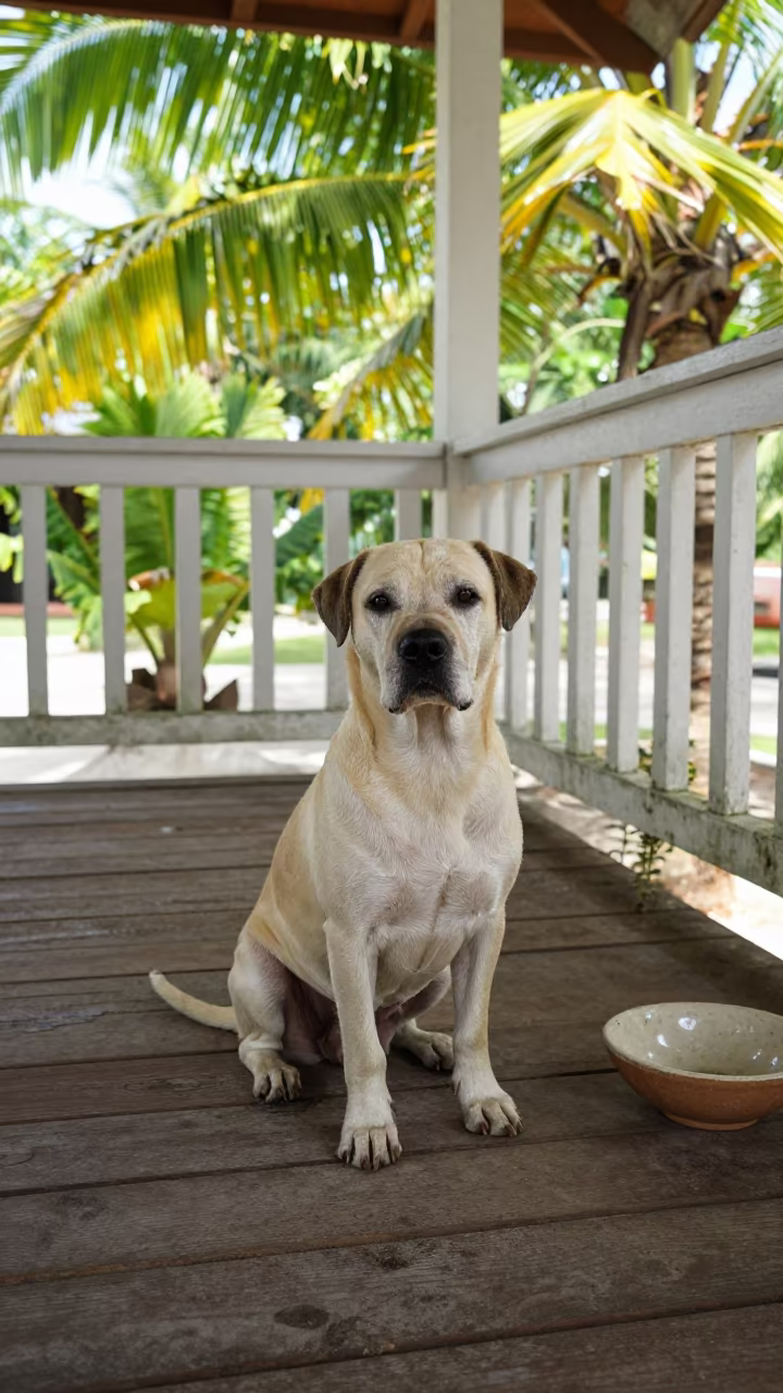 Otterhound on Guantánamo Porch Dry Season in on a shaded front porch with boards, railings, and eye-level framing in Guantánamo