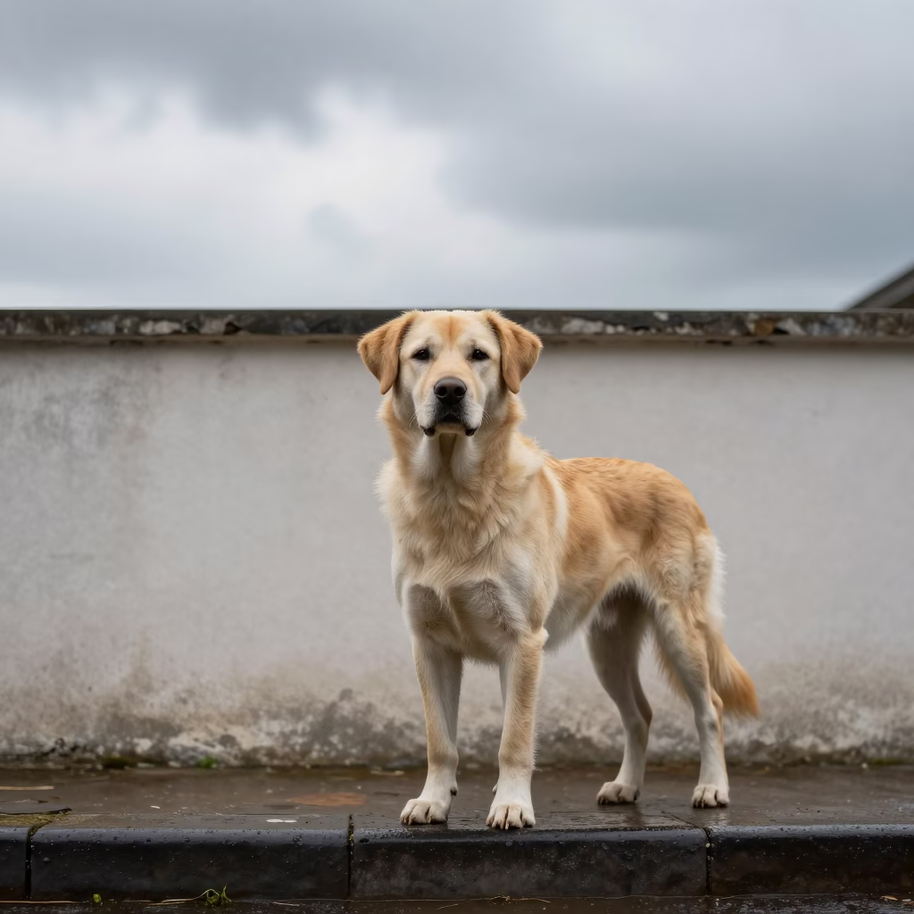 Otterhound Portrait Beside Courtyard Wall in Hue in beside a plain courtyard wall in clear daylight with the animal at eye level in Hue
