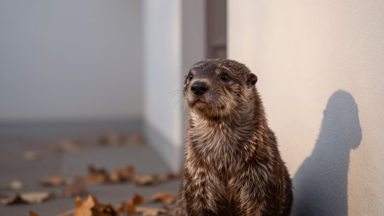 Otterhound Portrait in Harbin Courtyard Dawn in beside a plain courtyard wall in clear daylight with the animal at eye level in Harbin