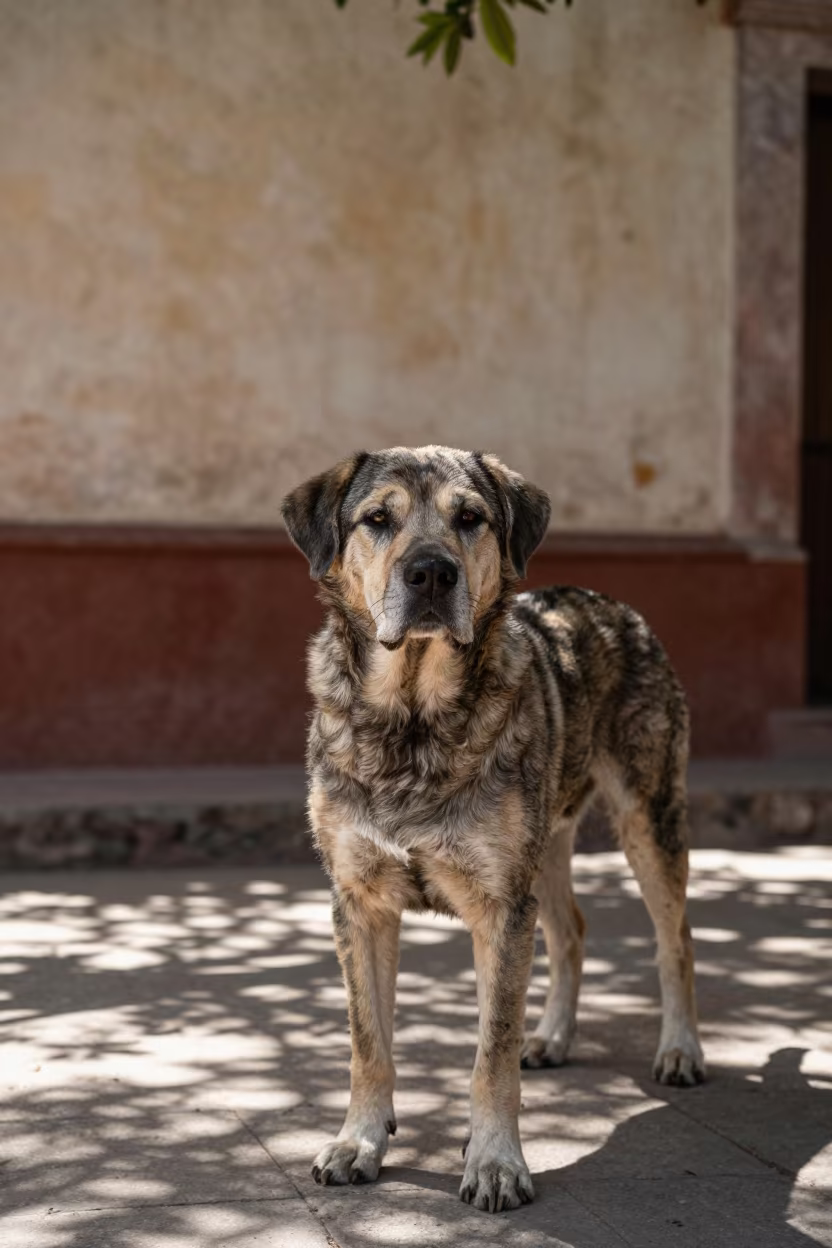 Otterhound Portrait in Quetzaltenango Courtyard in beside a plain courtyard wall in clear daylight with the animal at eye level in Quetzaltenango