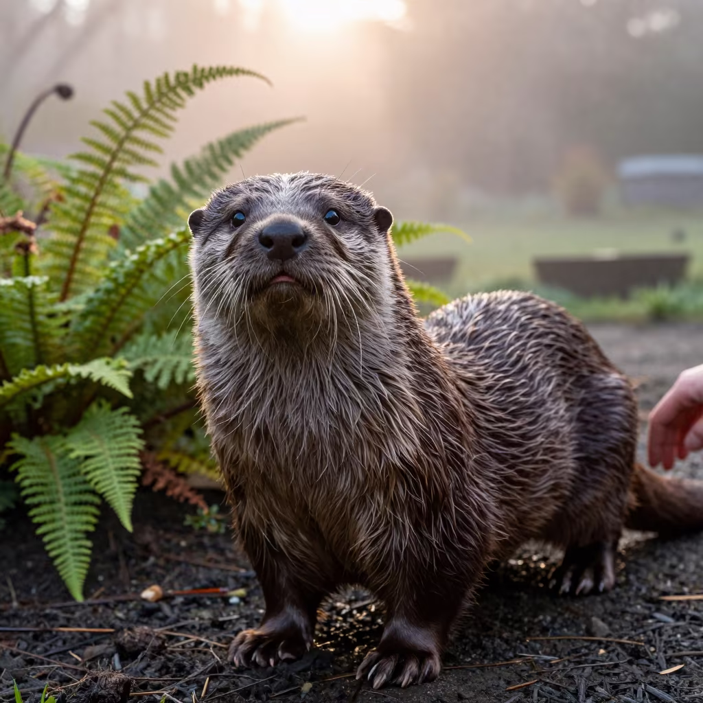 Otterhound Portrait in Seattle Garden Morning Light in near a garden edge with soft morning light and an uncluttered background in Seattle