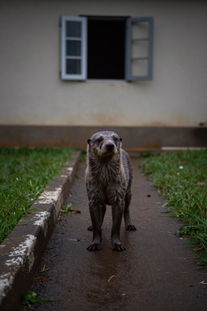 Otterhound Portrait on Abidjan Path in in a small yard with clipped grass, calm light, and the animal centered in frame in Abidjan