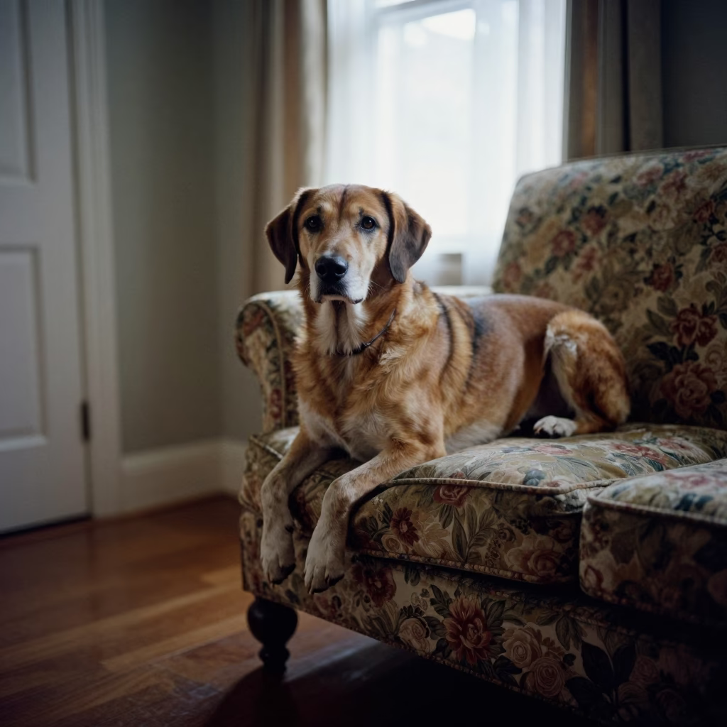 Otterhound Portrait on Sofa Near Window in on a sofa near a curtained window with calm indoor light in Bahawalpur