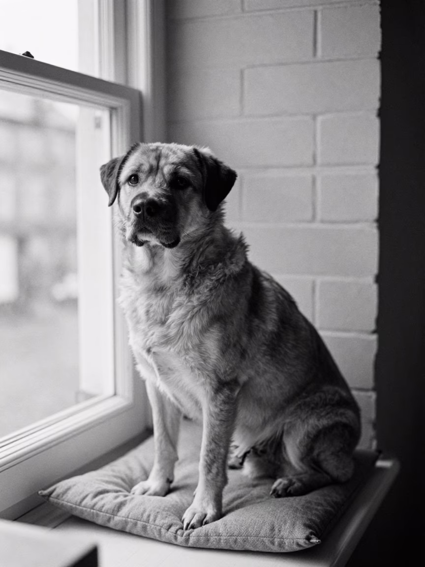 Otterhound Portrait on Window Seat Near Wolverhampton in on a cushioned window seat with soft side light and an uncluttered background near Wolverhampton