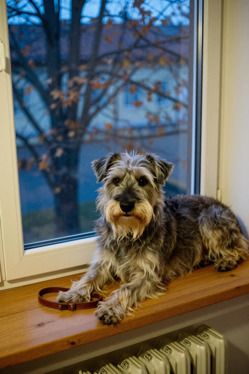 Otterhound Resting on Autumn Window Seat in on a window seat in a quiet apartment with soft side light near Tampere
