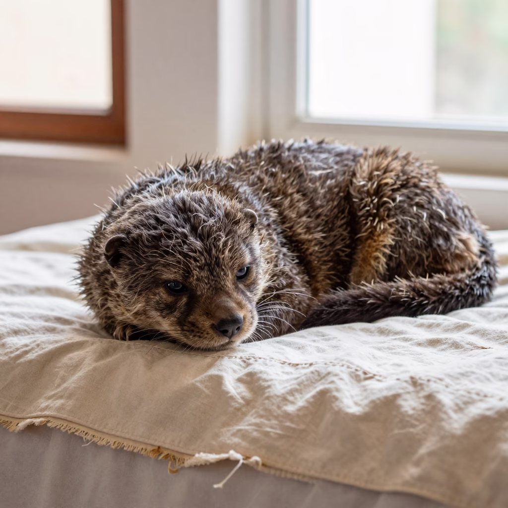 Otterhound Resting on Bedspread Near Window in Arequipa in on a bedspread near a bright window with calm indoor light in Arequipa