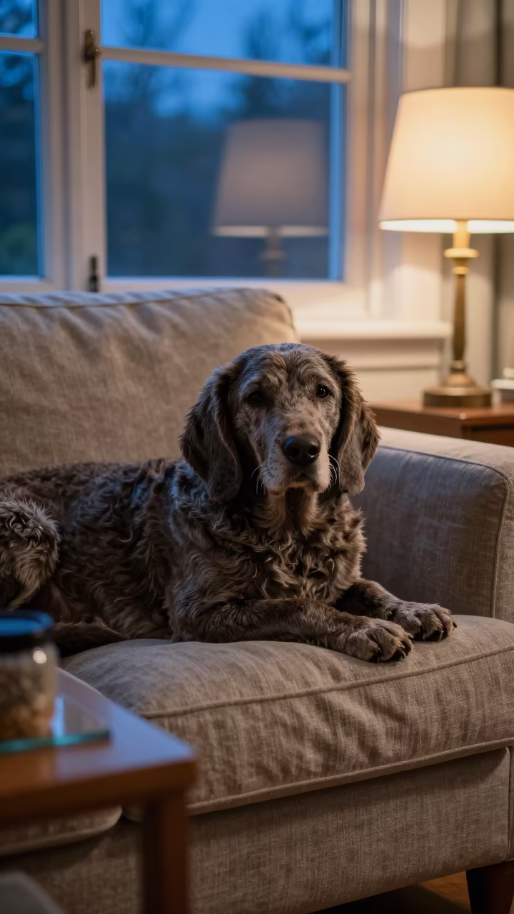 Otterhound Resting on Linen Sofa in Puerto Madryn in on a linen sofa with daylight from a nearby window in Puerto Madryn