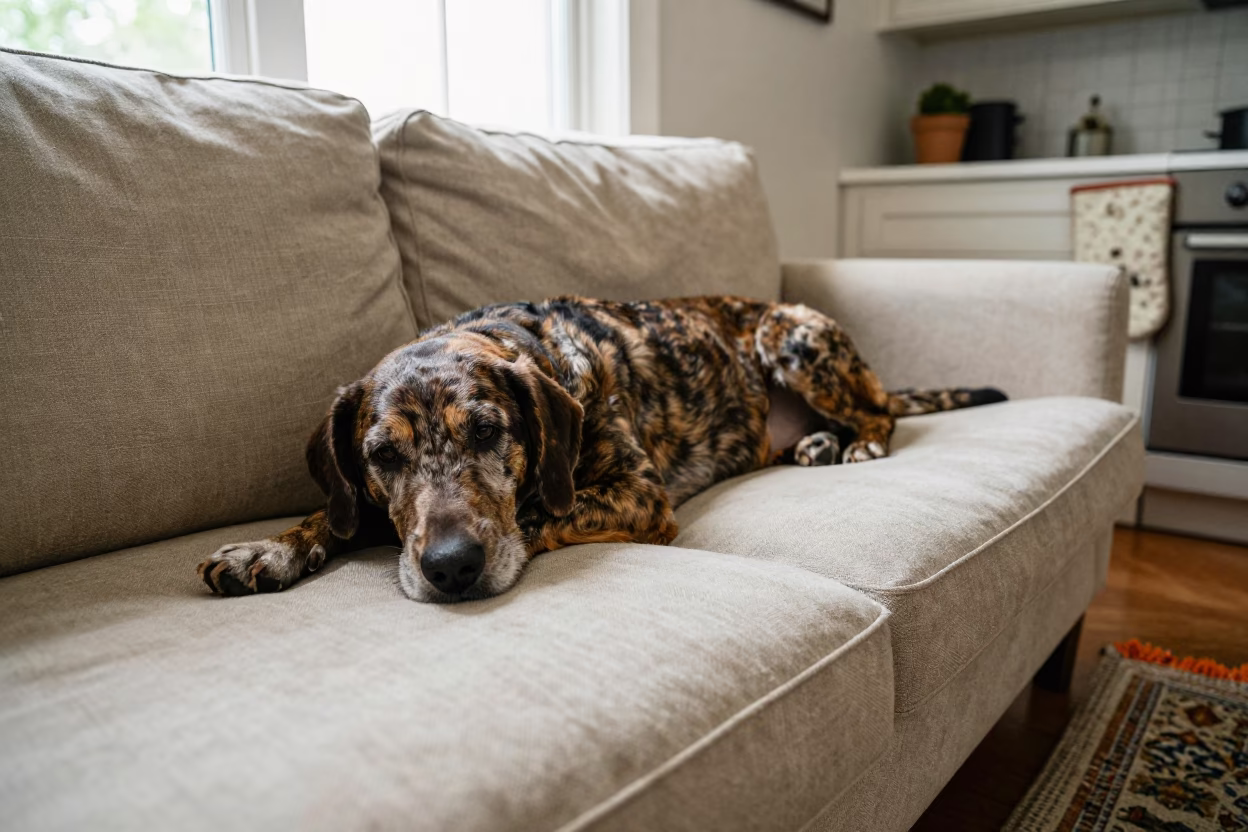 Otterhound Resting on Linen Sofa Near Window in on a linen sofa with daylight from a nearby window near Machilipatnam