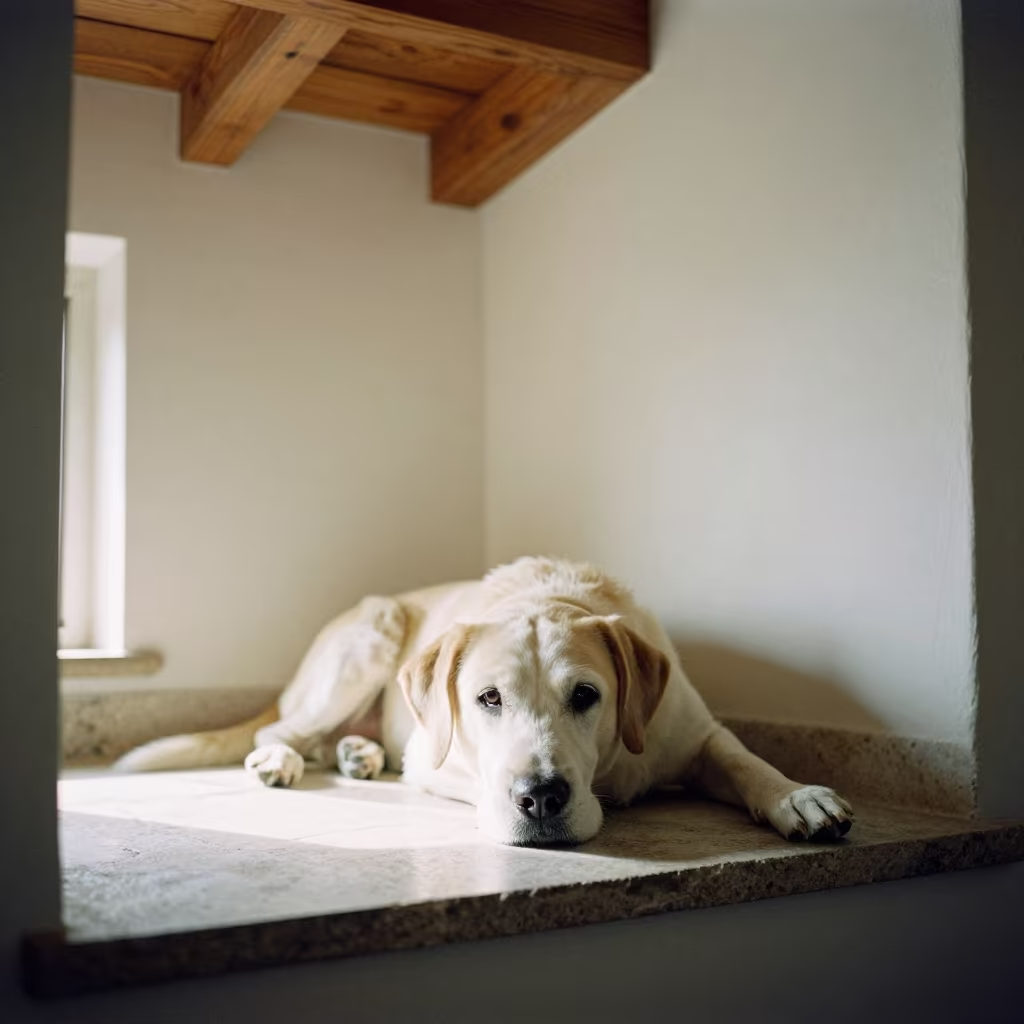 Otterhound Resting on Window Seat in Perugia in on a window seat in a quiet apartment with soft side light near Perugia