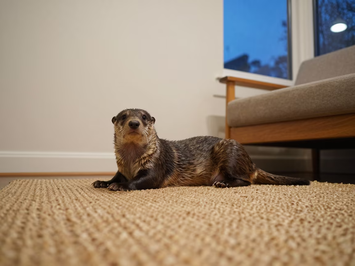 Otterhound Resting on Woven Rug Near Kitale Couch in on a woven rug beside a low couch and an uncluttered wall near Kitale