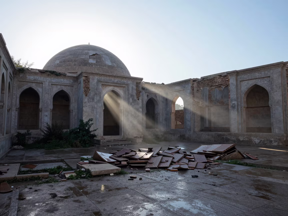 Ottoman Bathhouse Ruins Under Dawn Light in among collapsed cloisters in Oman
