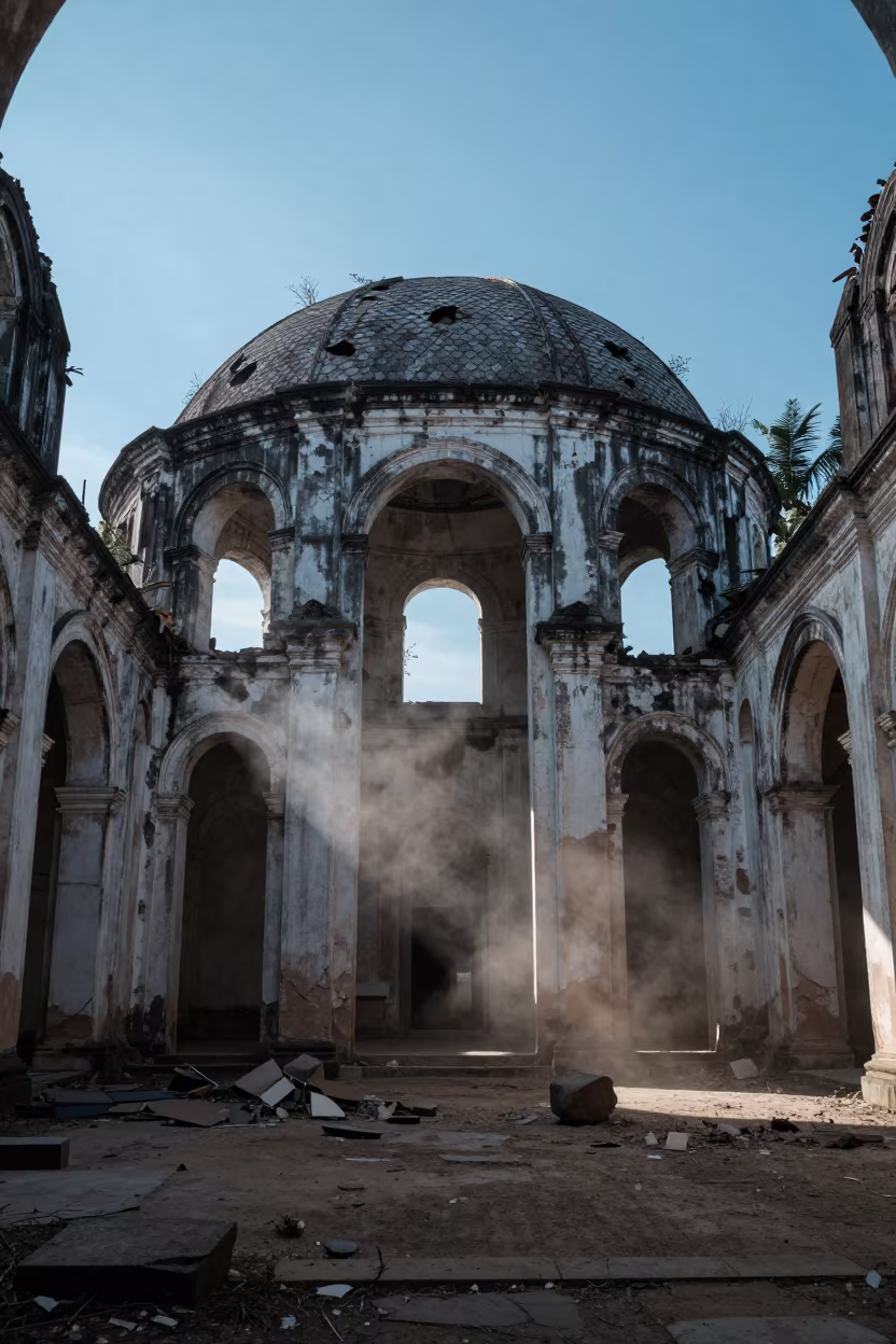 Ottoman Bathhouse Ruins Silhouetted in Philippine Evening in inside a roofless nave in Philippines