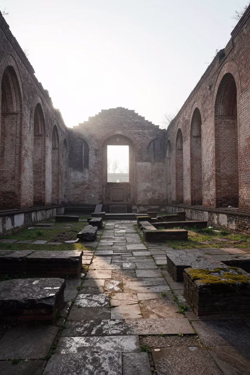 Ottoman Caravanserai Ruins in Minnesota Dawn Mist in inside a roofless hammam in Minnesota