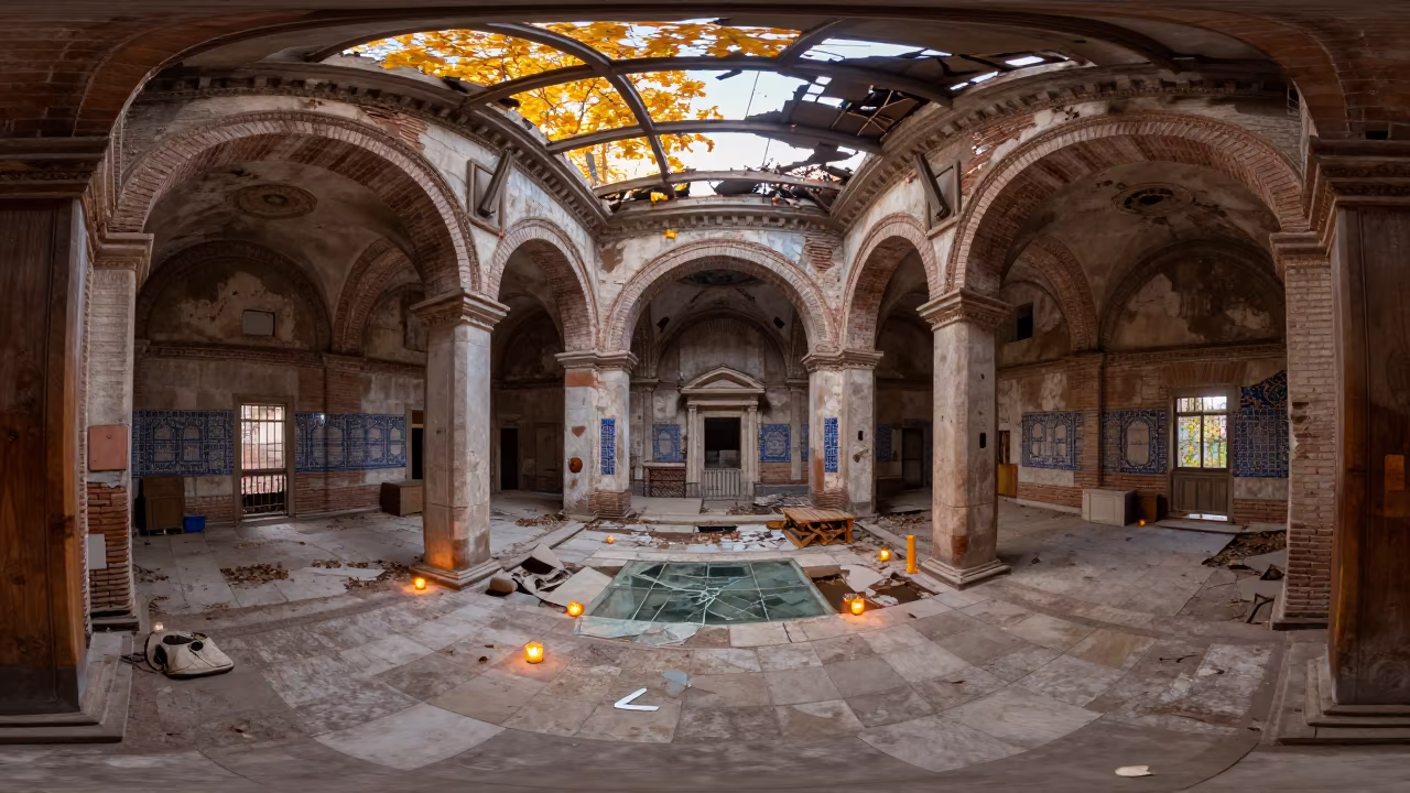 Ottoman Hammam Ruin Golden Hour Light in in a derelict ward with shattered glass underfoot in Istanbul