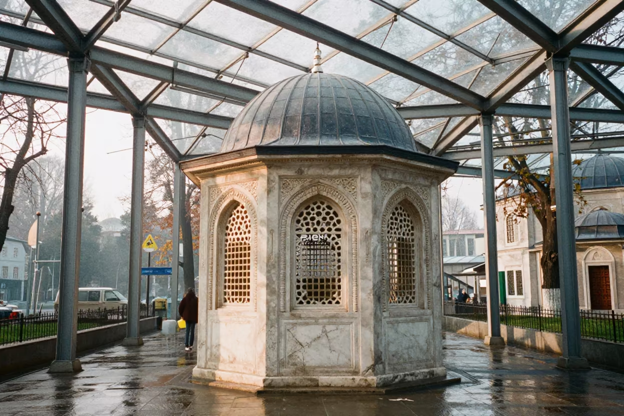 Ottoman Kiosk in Casablanca Glass Arcade Morning Drizzle in inside a glass-roofed arcade near Casablanca