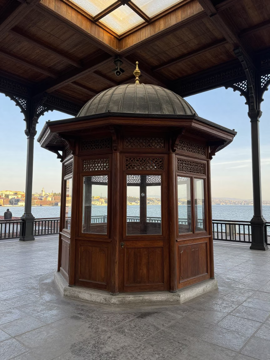 Ottoman Kiosk Overlooking Bosphorus in Train Terminal in inside a restored train terminal in Istanbul