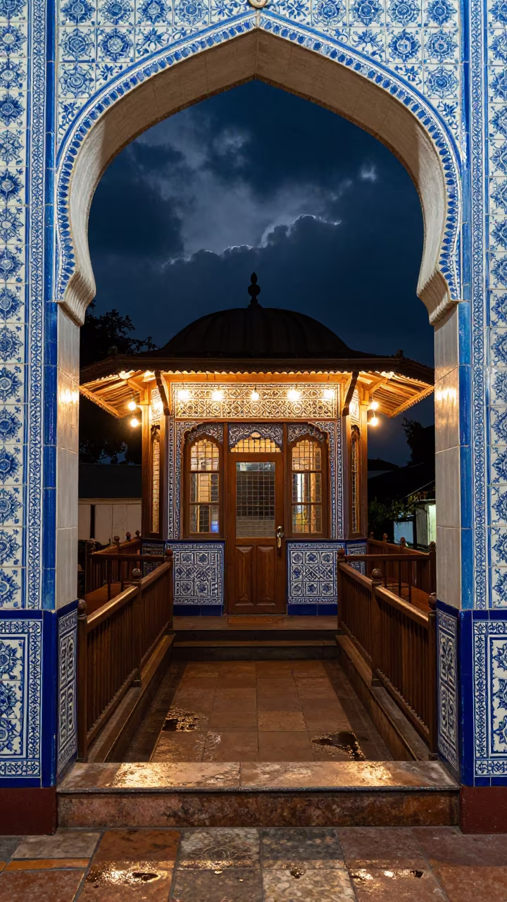 Ottoman Kiosk Tiled Hall Mumbai Night in inside a tiled stair hall in Mumbai