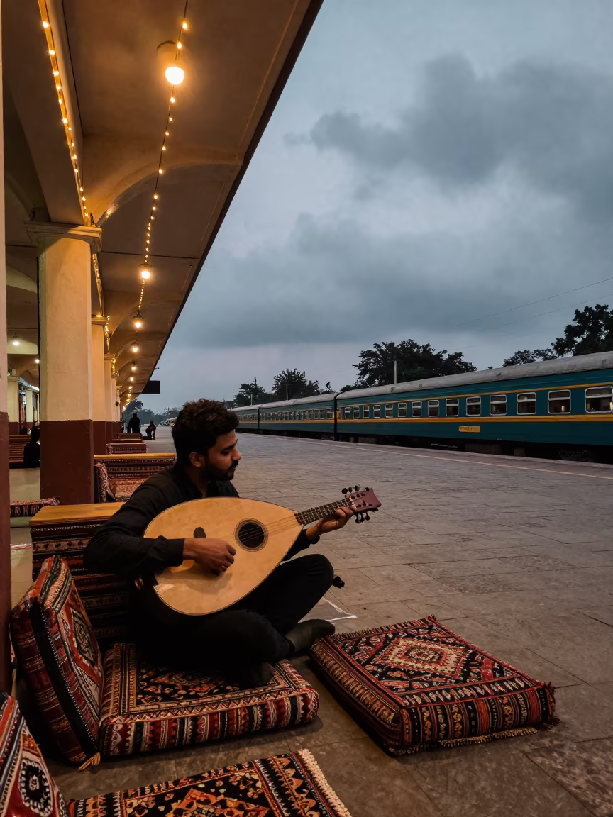 Oud Against Cushions in Chittagong Terminal Twilight in inside a restored train terminal in Chittagong