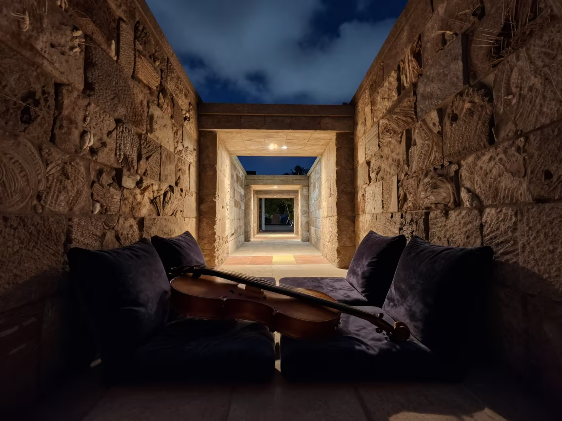 Oud Resting on Cushions in Skylit Istanbul Passageway in inside a skylit passageway in Karakoy, Istanbul