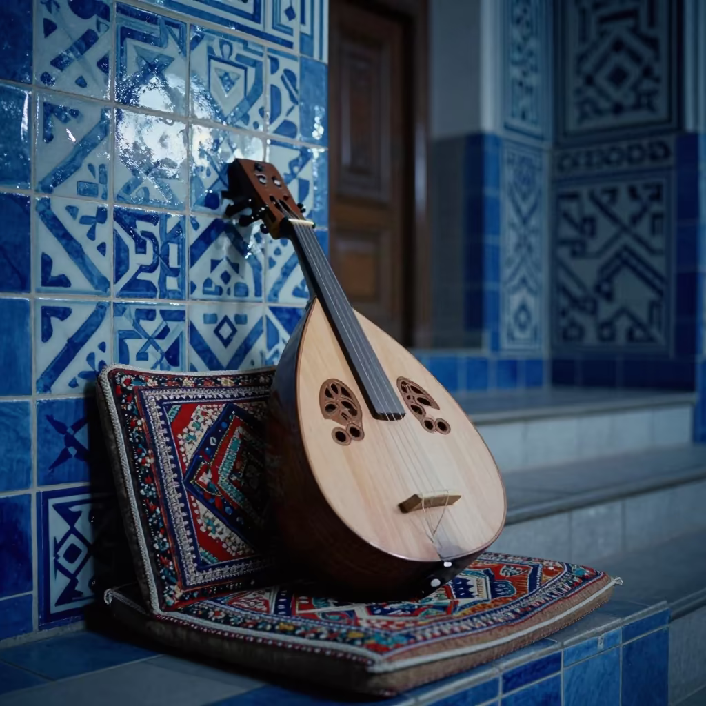 Oud Resting on Cushions in Tiled London Stair Hall in inside a tiled stair hall in London