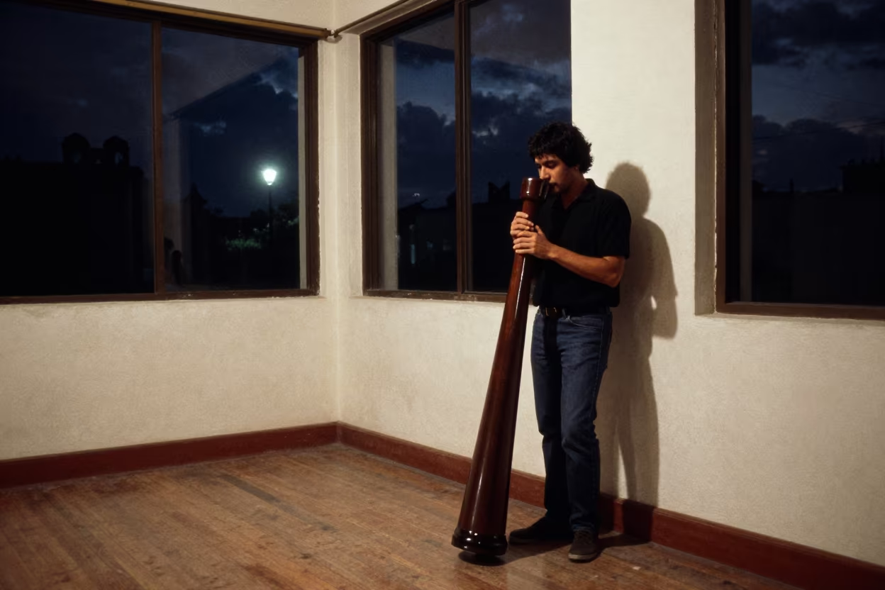 Oud Player in Nightlit Rehearsal Mexico City in in a rehearsal room in Santa Maria la Ribera, Mexico City
