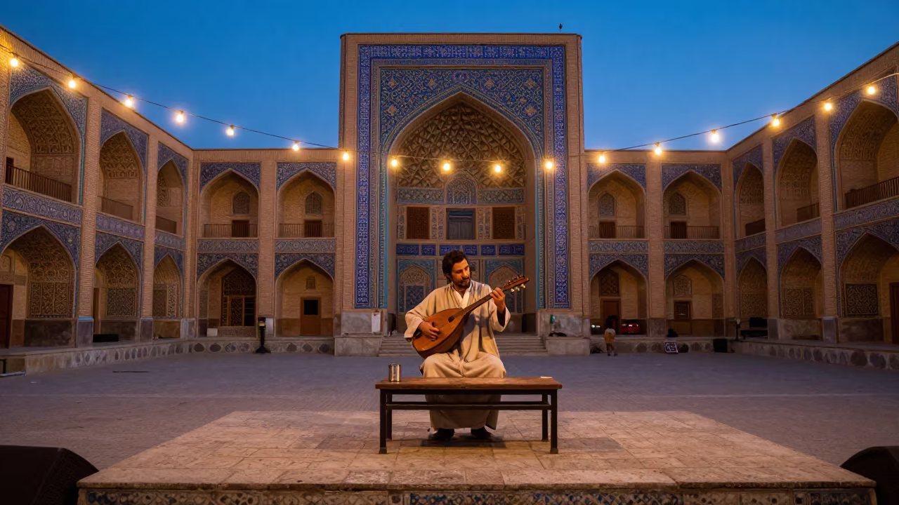 Oud Player in Predawn Damascus Courtyard in on a theater stage in Isfahan