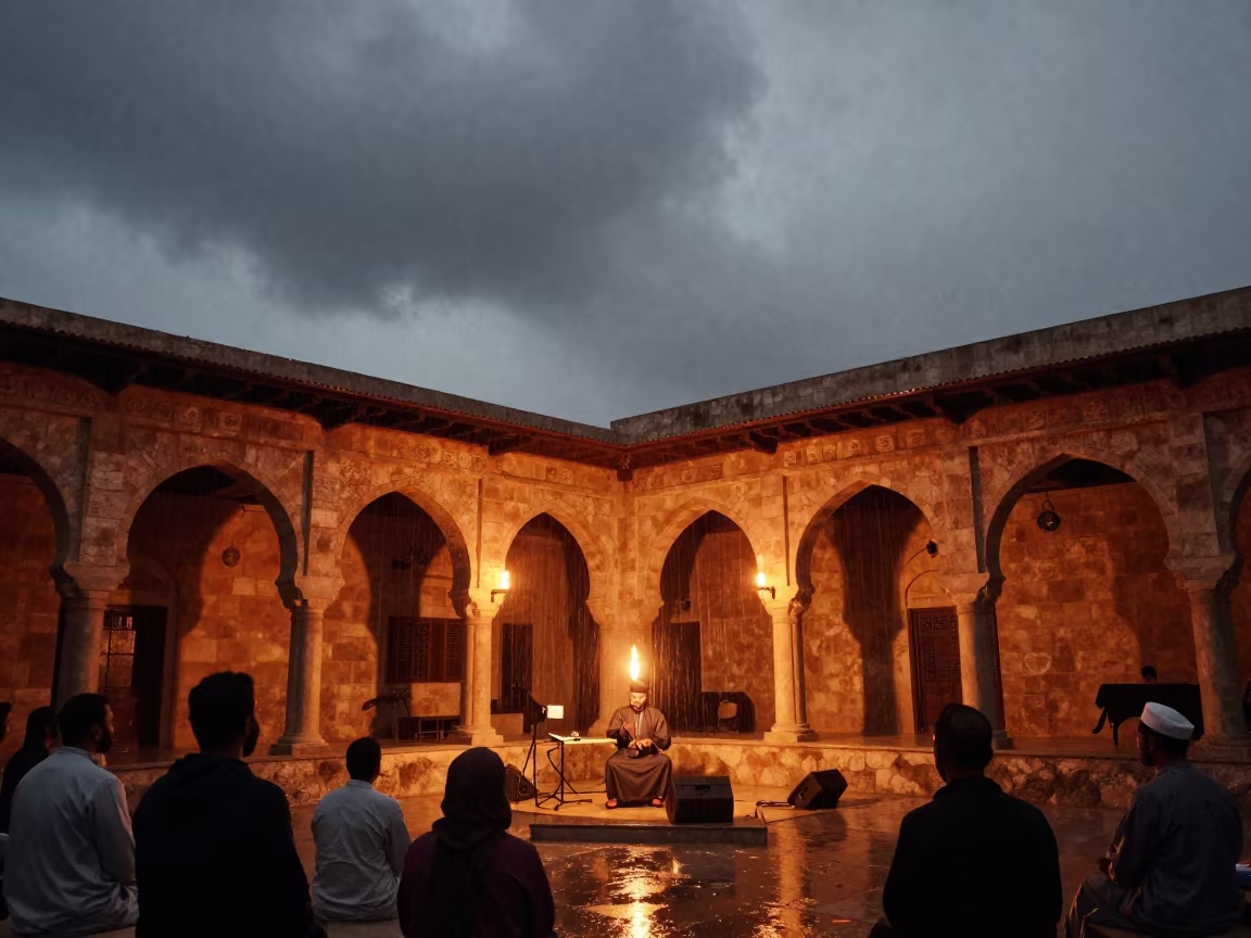 Oud Player in Ramallah Concert Hall Night Firelight in in a concert hall in Ramallah