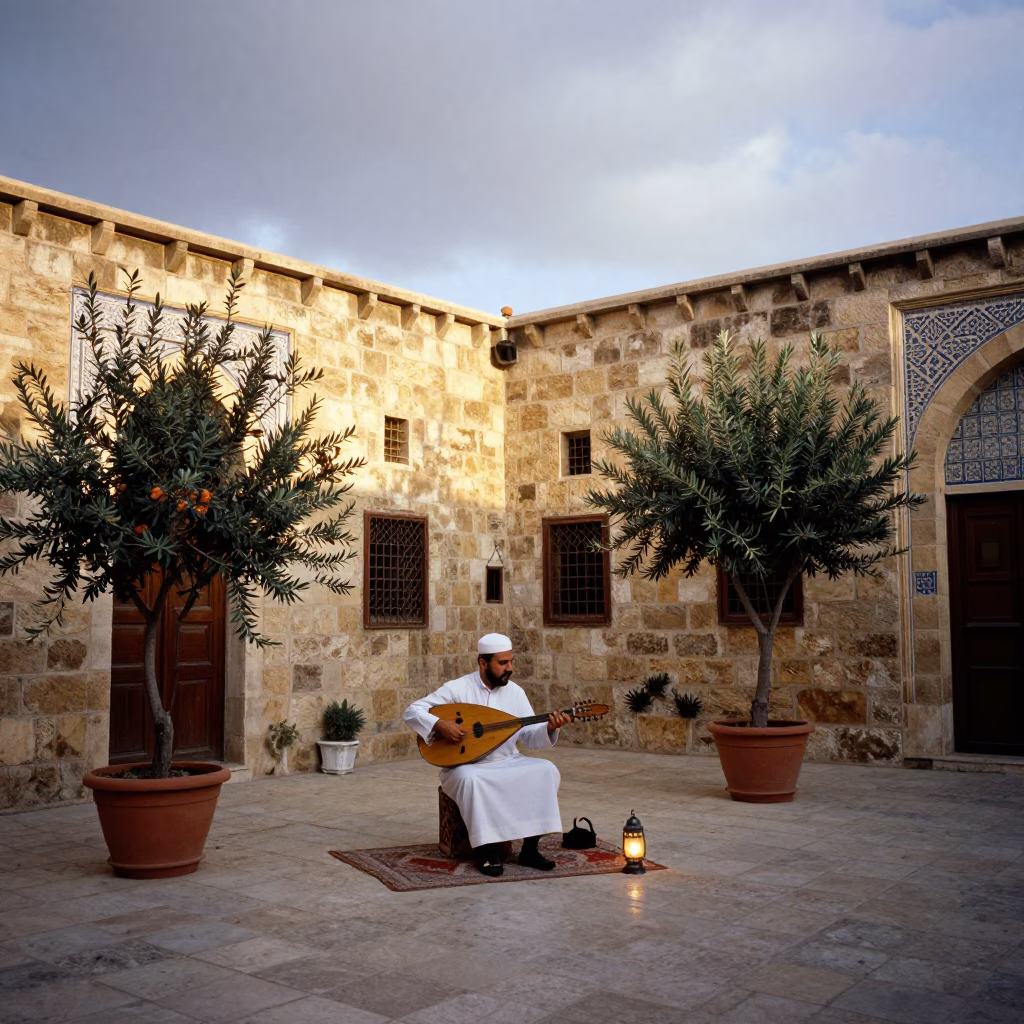 Oud Player Rehearsing in Damascus Courtyard in in a rehearsal room in Ankara