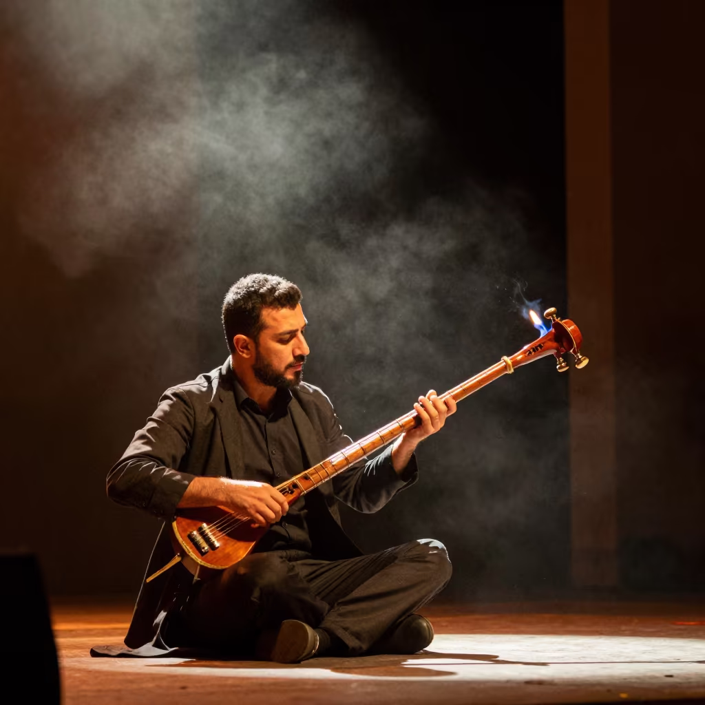 Oud Player in Tehran Theater Night Firelight in on a theater stage in Tehran