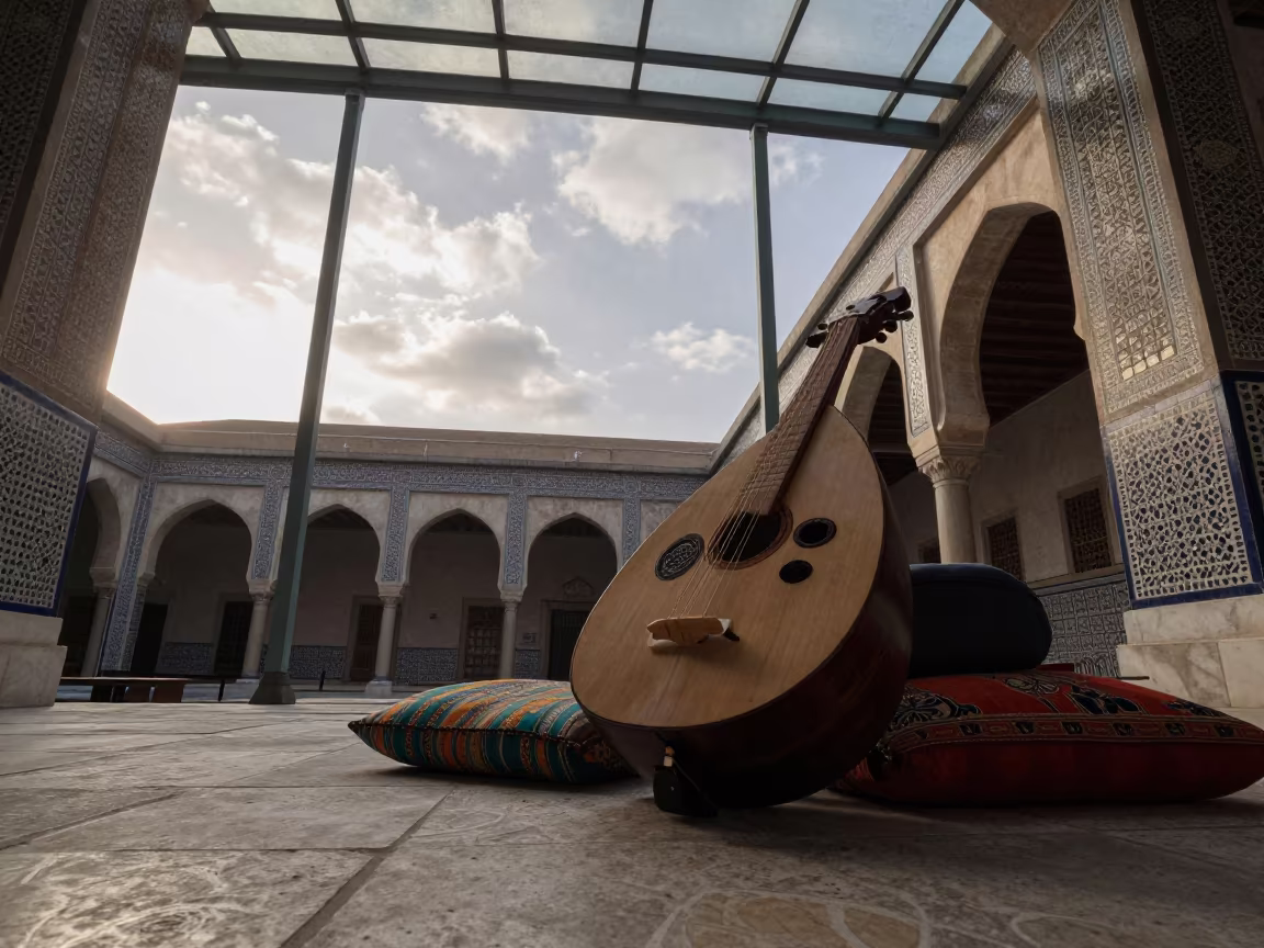 Oud Resting on Cushions in Glass Arcade in inside a glass-roofed arcade near Ahmedabad