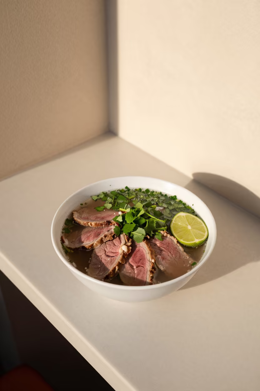 Oujda Pho Tai Bowl with Herbs and Lime in at a noodle counter in Oujda