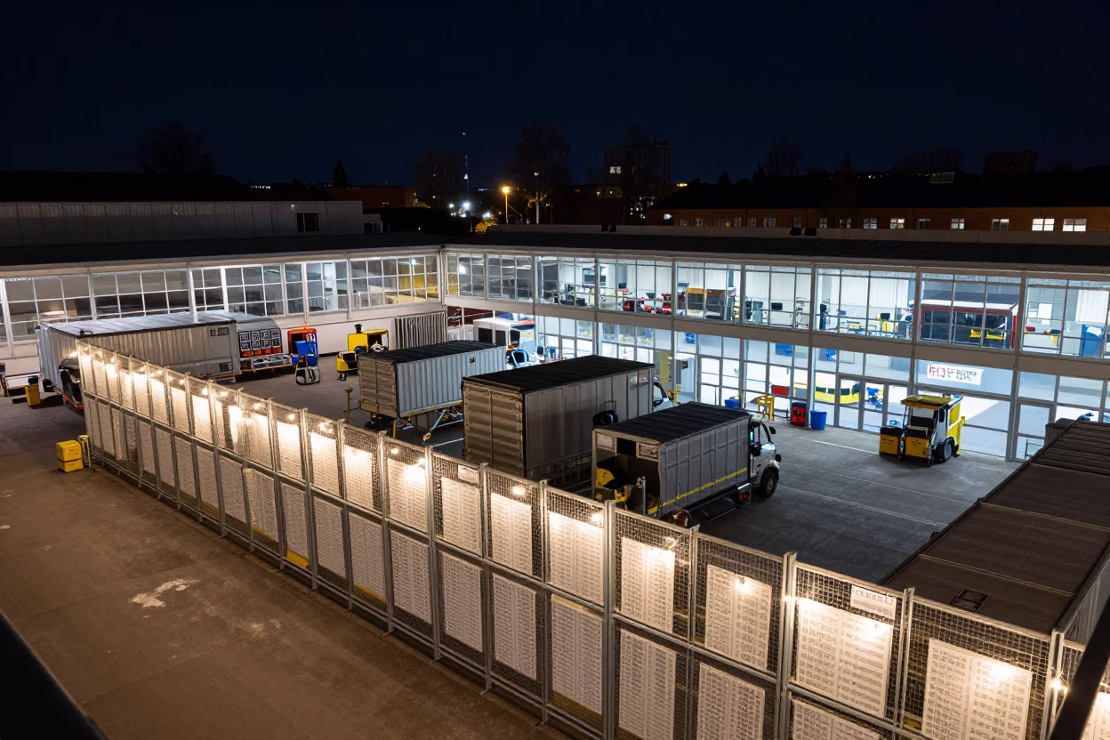Oulu Dispatch Office Midnight Wheel Chock Label Rack in inside a dispatch office above the dock near Oulu