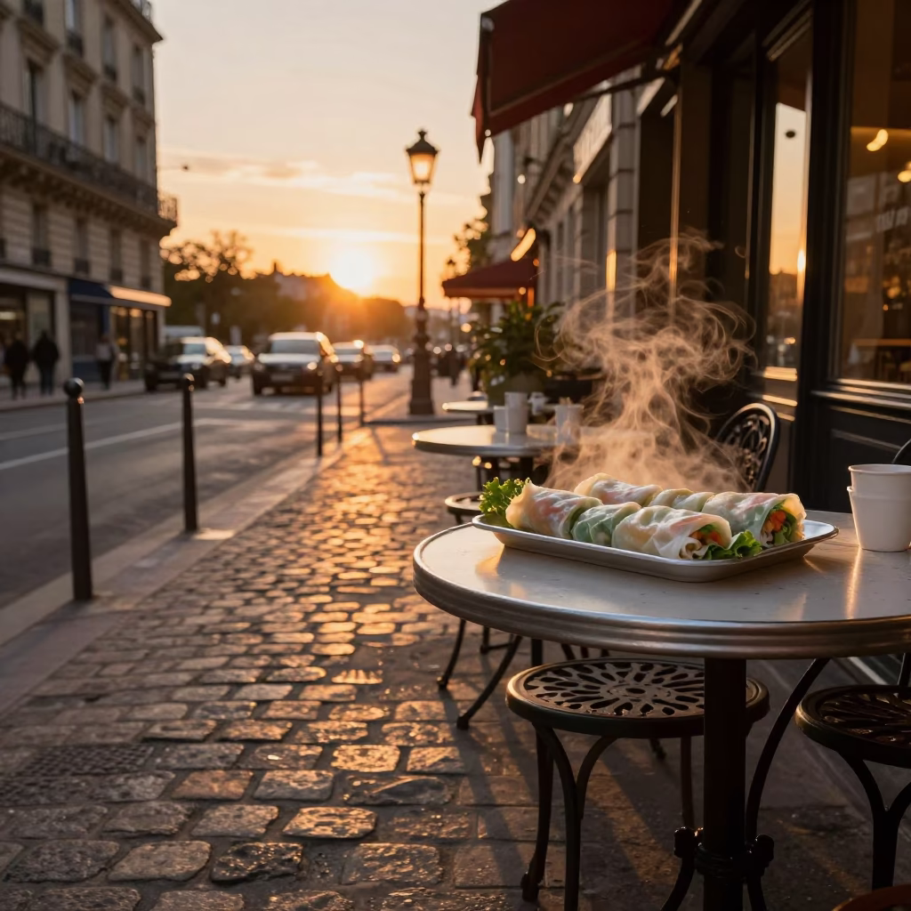 Outdoor Dining in Paris at As The Sun Drops Toward The Horizon in in Paris, France