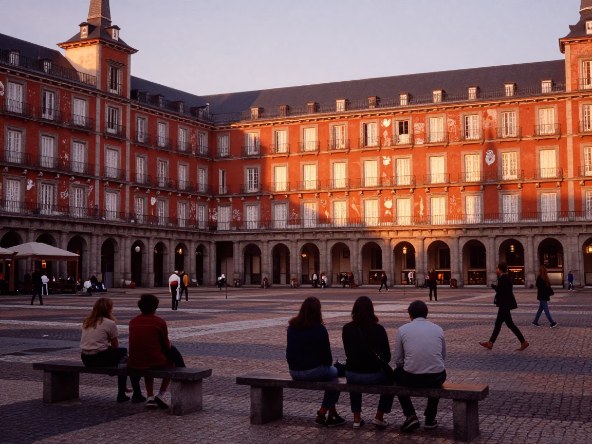 Outdoor Plaza at Copper-toned Light Before Dusk in Madrid in in Madrid, Spain