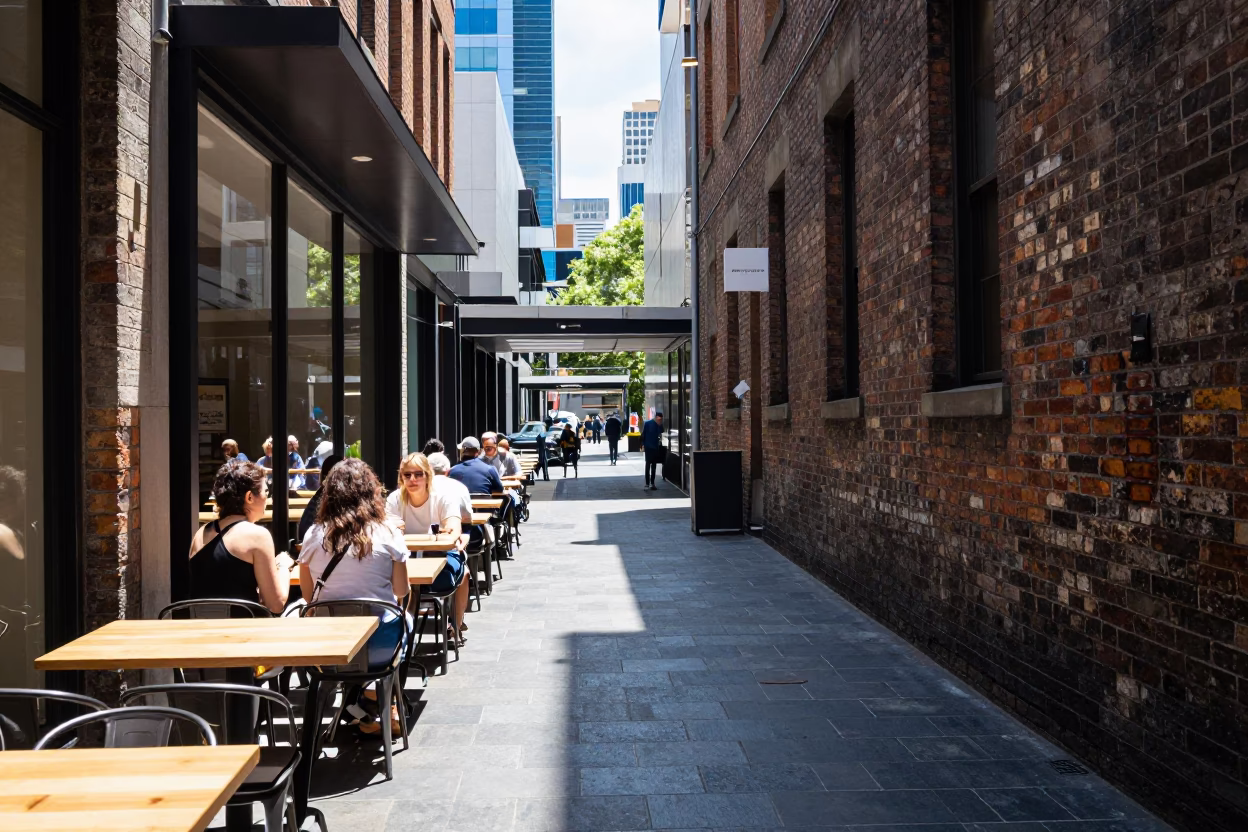 Outdoor Seating in Melbourne at The Flat Glare Of Noon Light in in Melbourne, Victoria, Australia