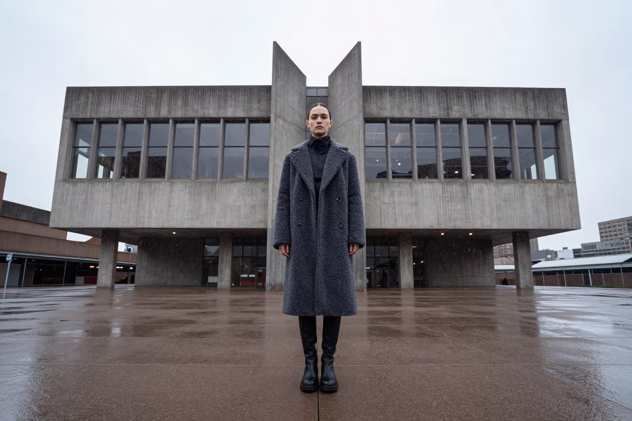 Outerwear Editorial in Sleet Outside Sydney Museum in under runway rehearsal lights near Sydney