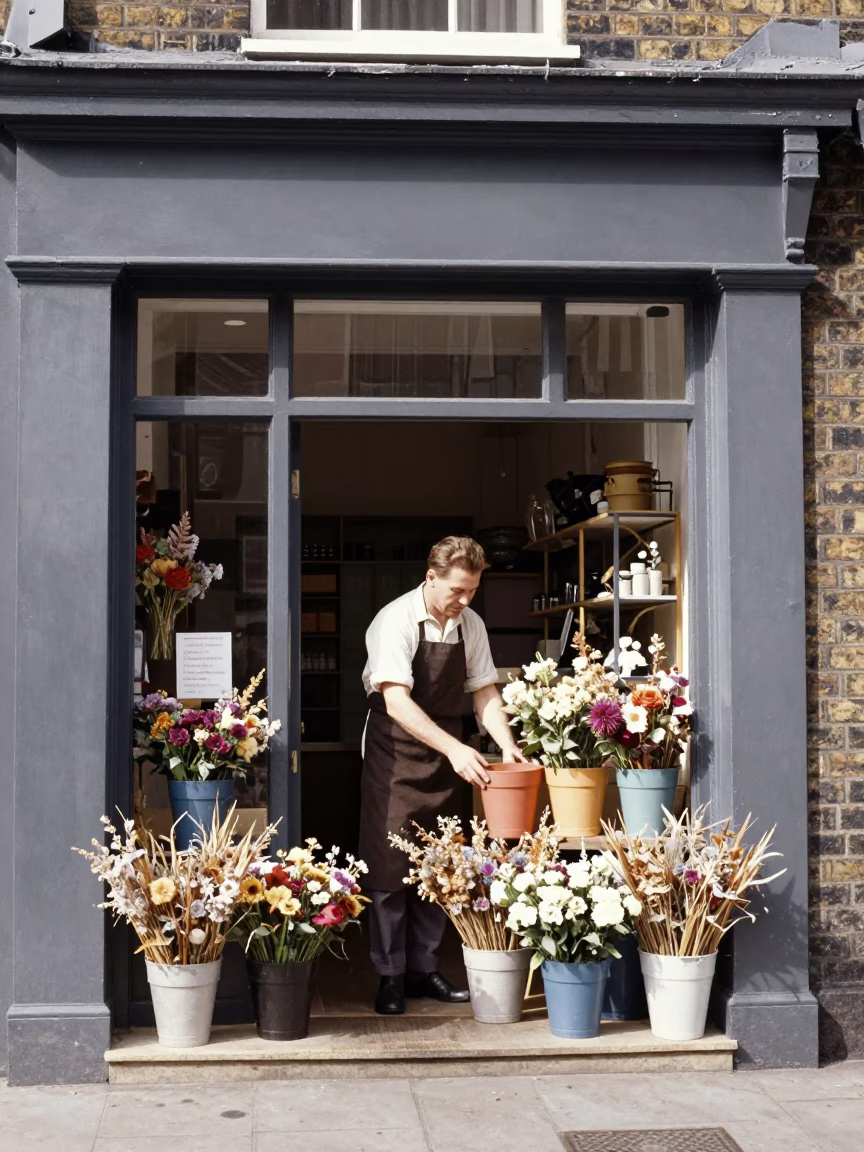 Outside Shop in London at Flat Noon Light in in London, United Kingdom