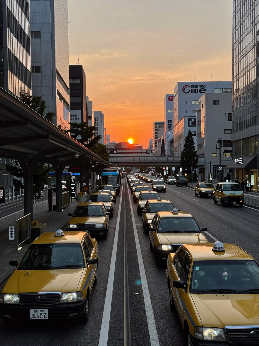 Outside Station in Tokyo at As The Sun Drops Toward The Horizon in in Tokyo, Japan